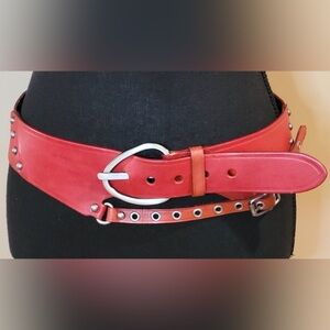 Wide Red Leather Women's Belt with Silver-Tone Buckle